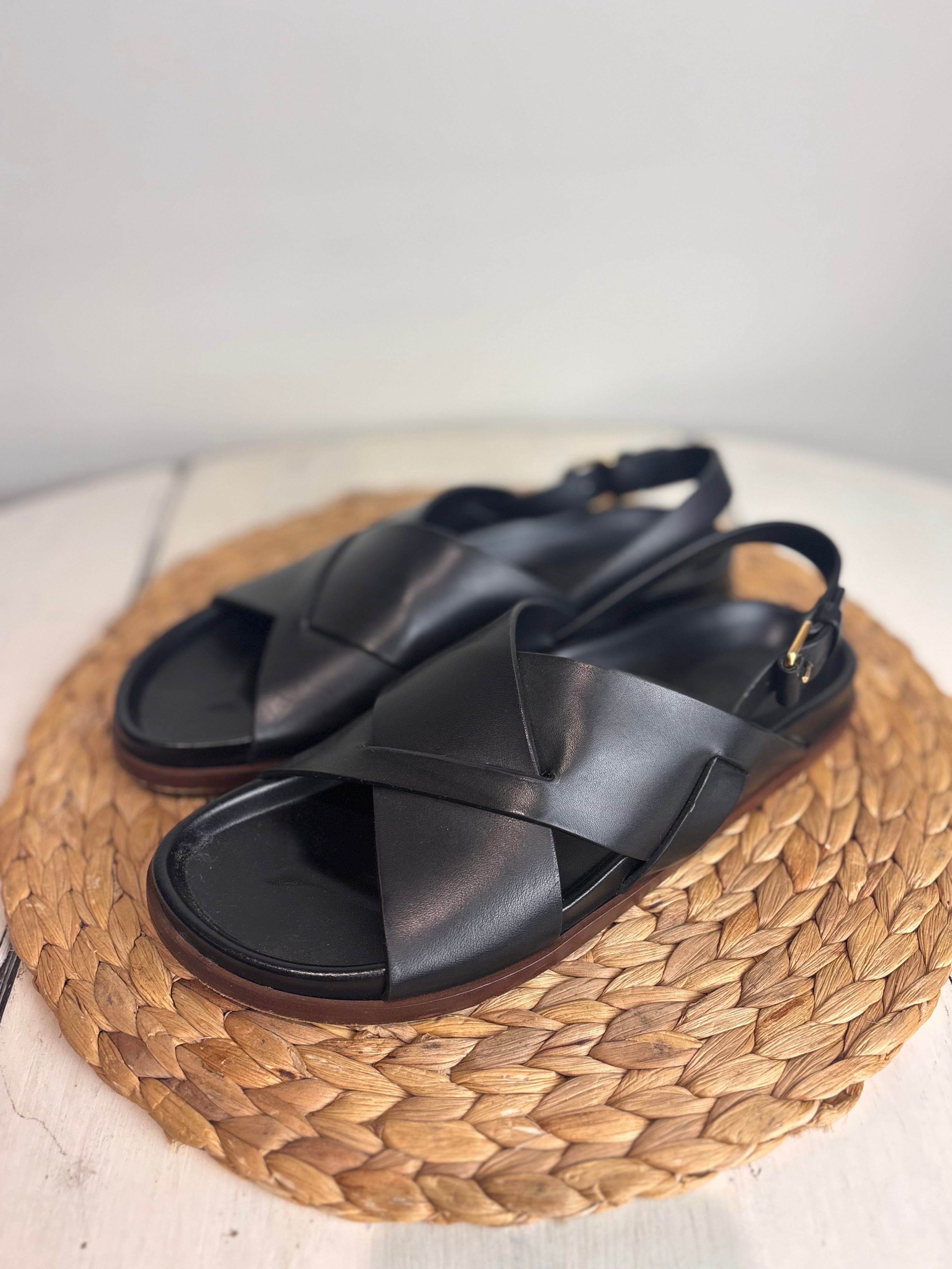 ME+EM Deep Sole Black Leather Crossover Sandals