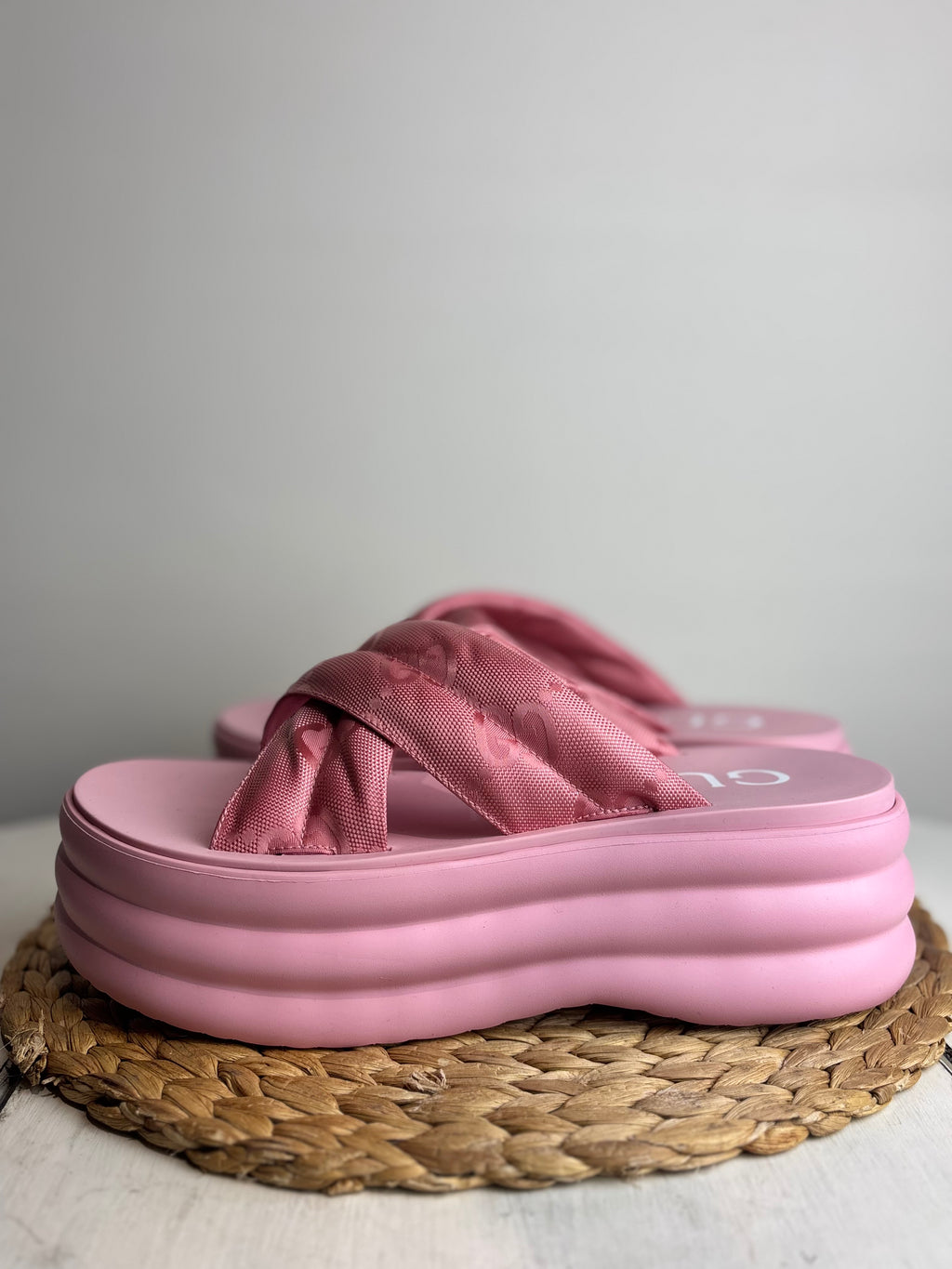 Gucci GG Jacquard Platform Pink Sliders
