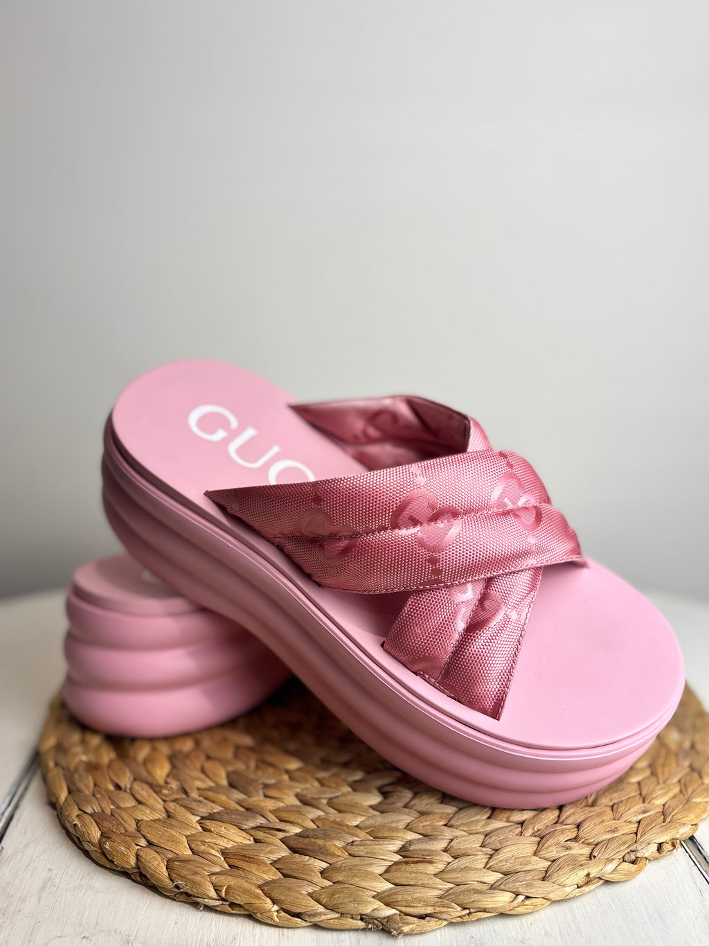 Gucci GG Jacquard Platform Pink Sliders