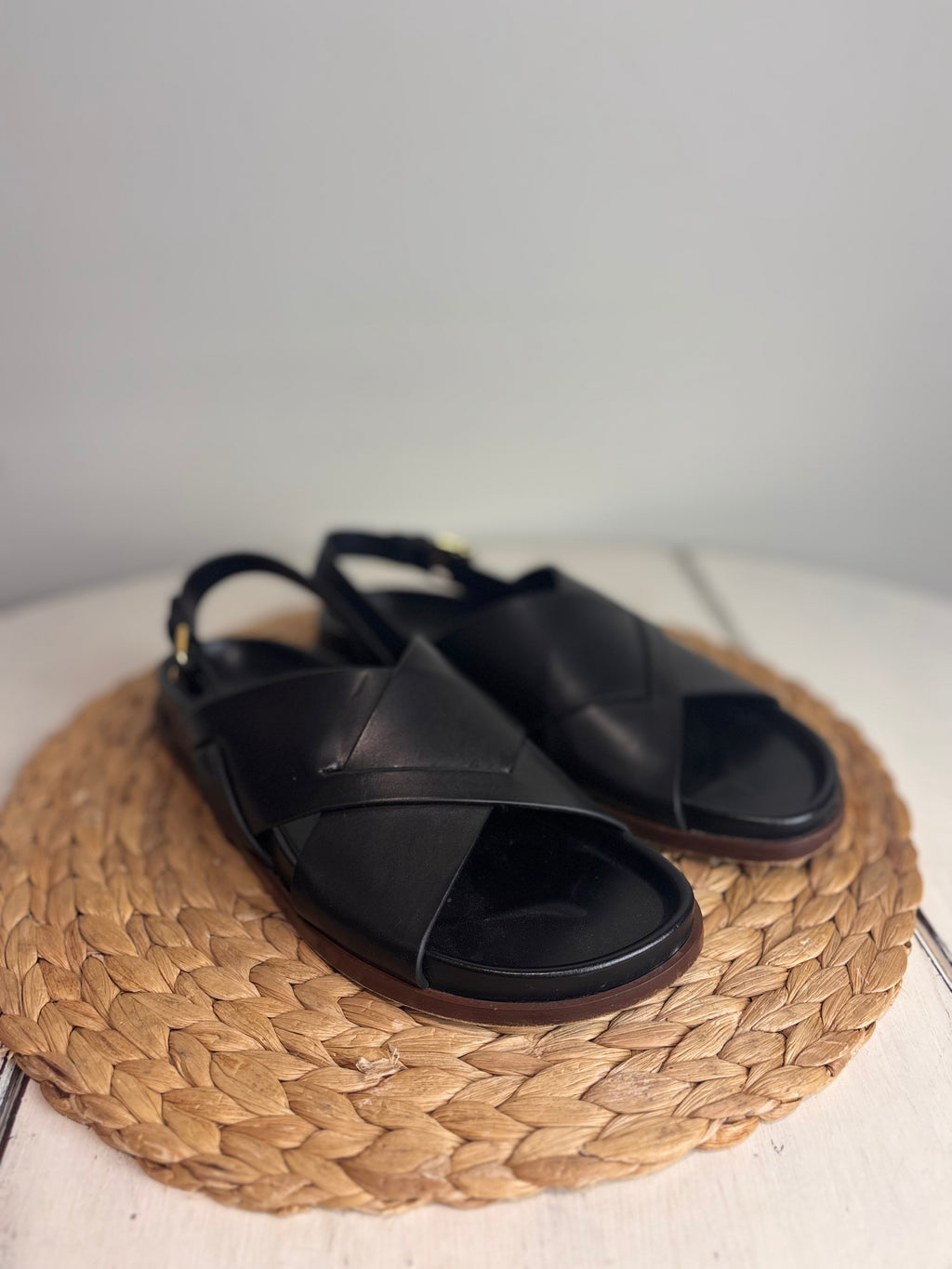 ME+EM Deep Sole Black Leather Crossover Sandals