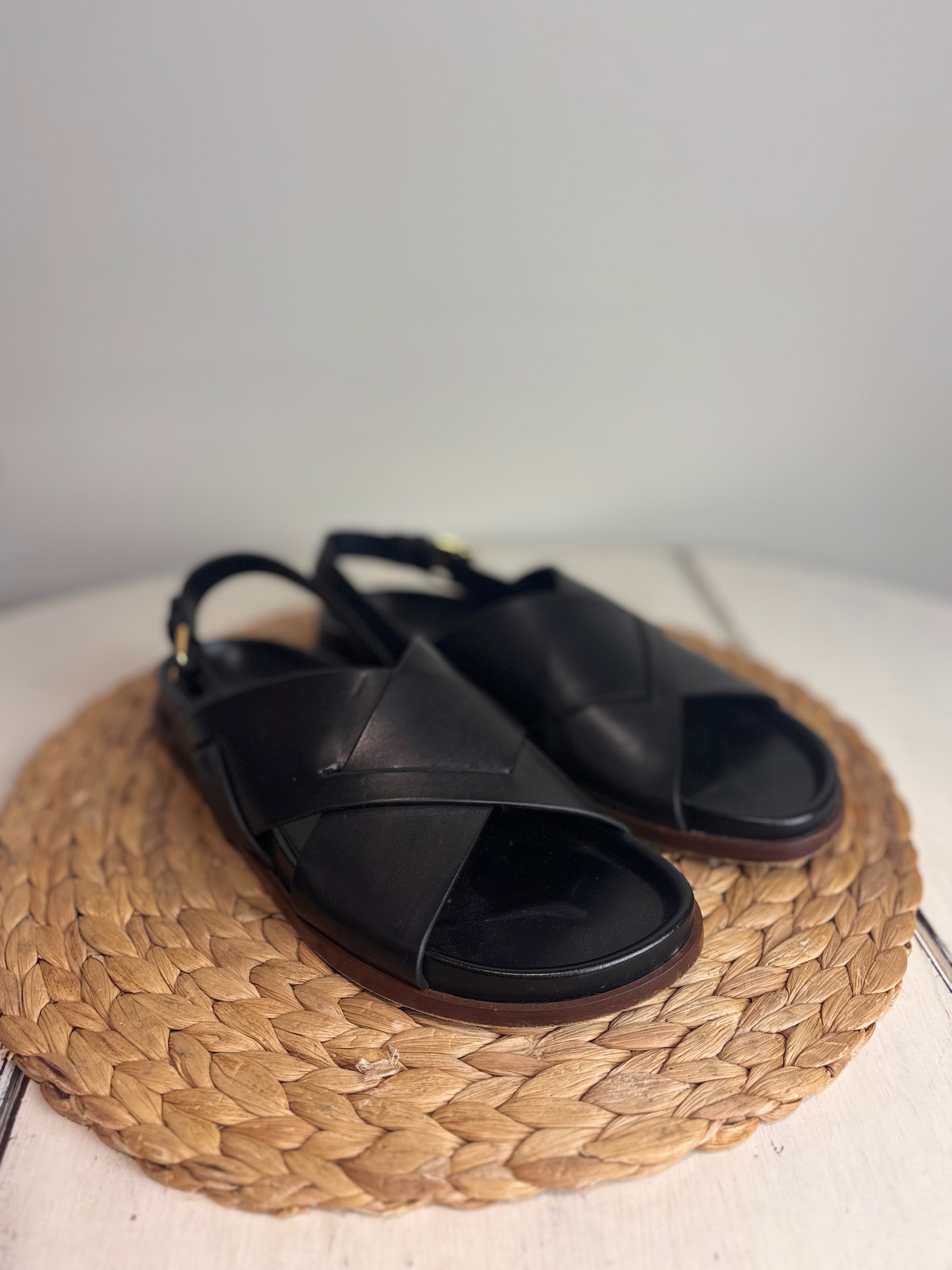 ME+EM Deep Sole Black Leather Crossover Sandals