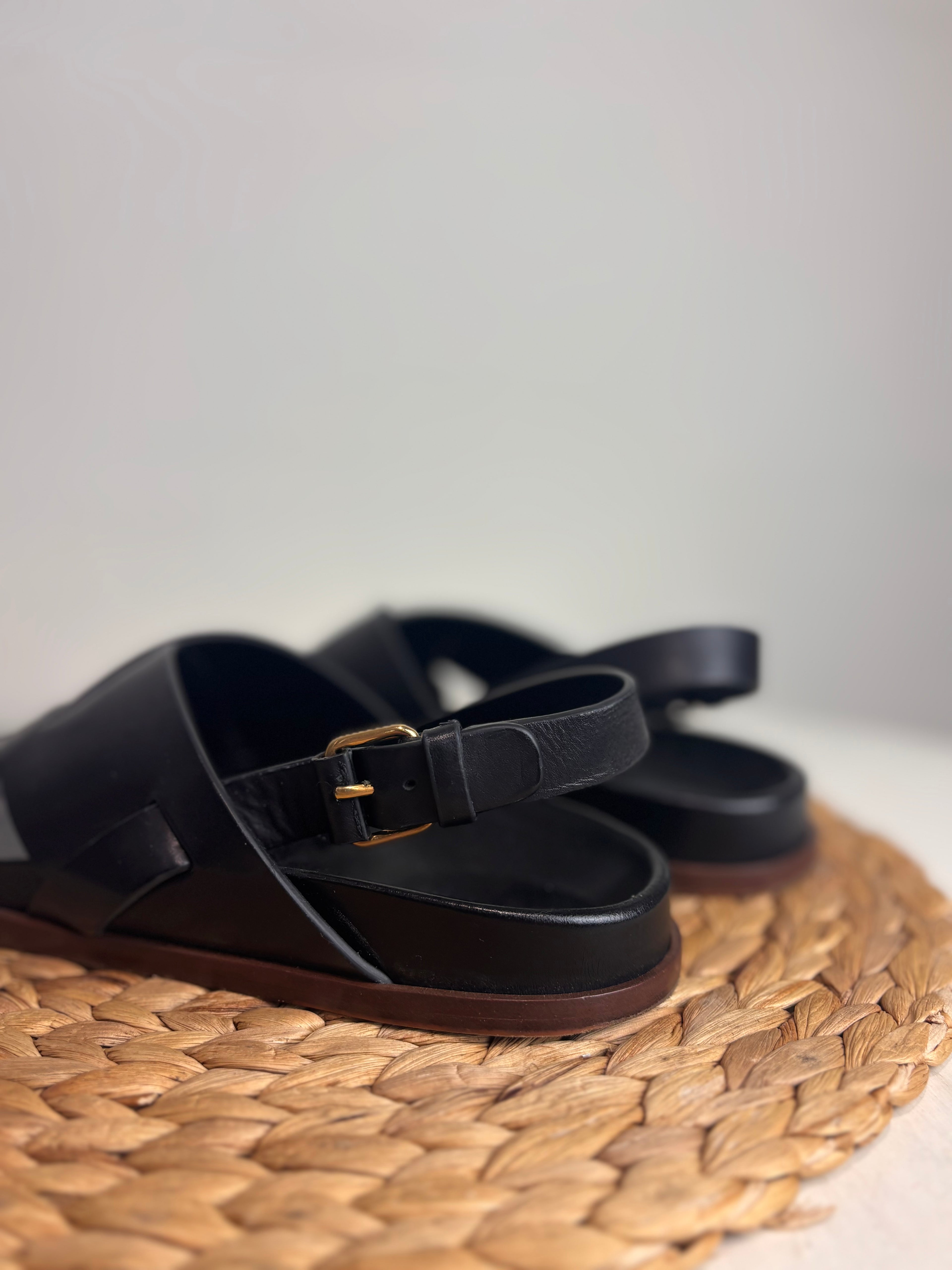 ME+EM Deep Sole Black Leather Crossover Sandals
