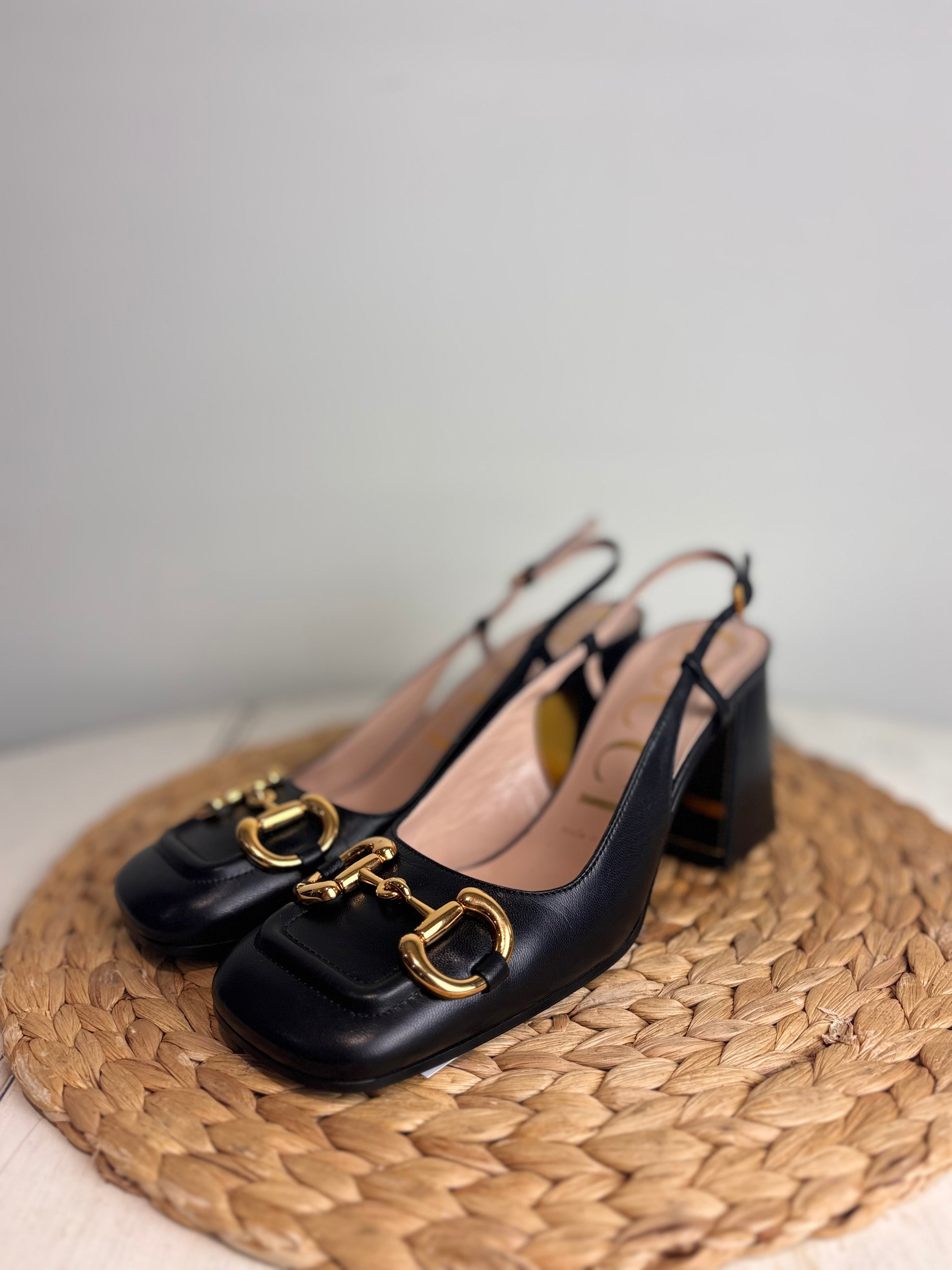 GUCCI Baby Horsebit Leather Slingback Pumps