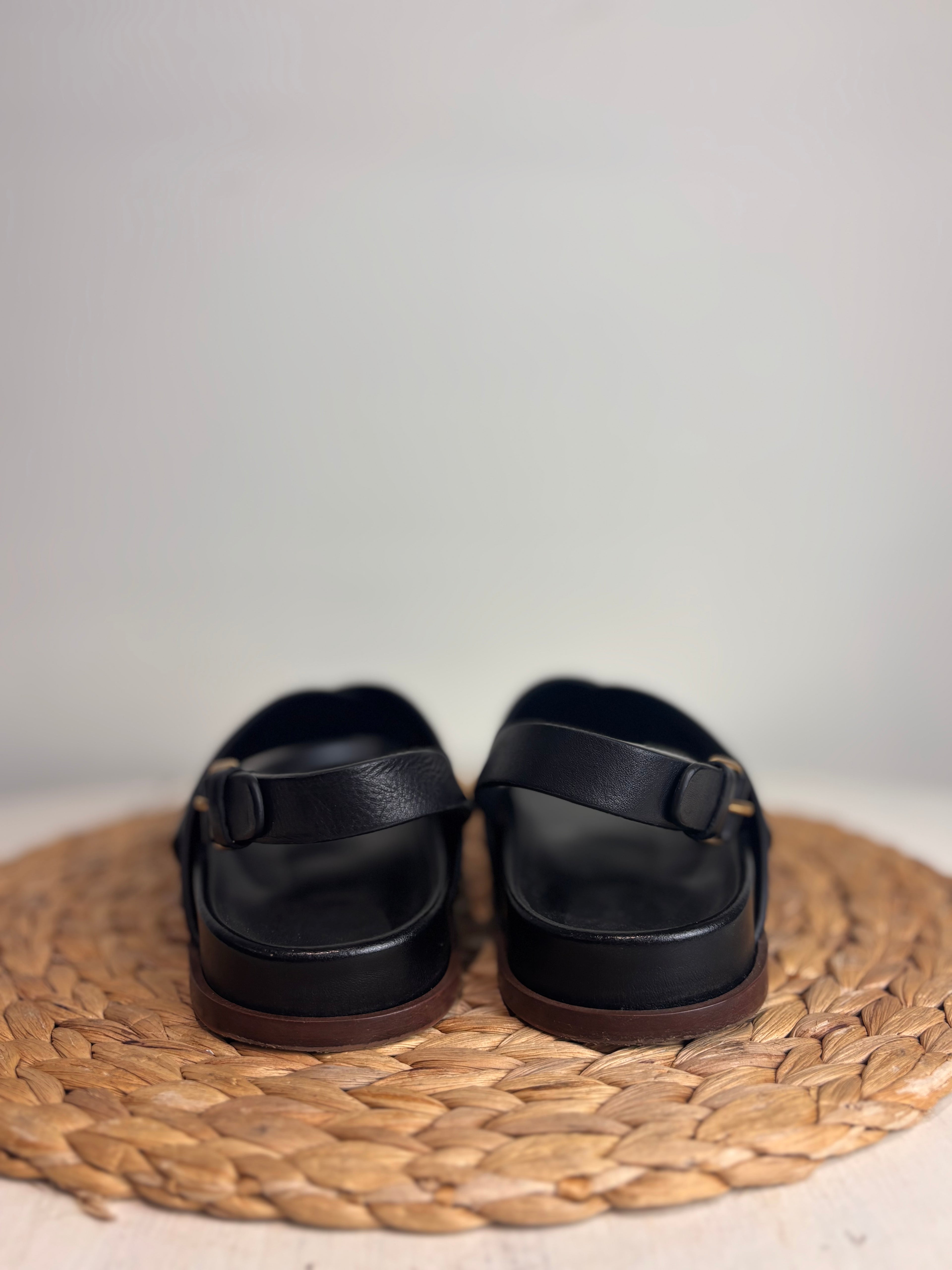 ME+EM Deep Sole Black Leather Crossover Sandals