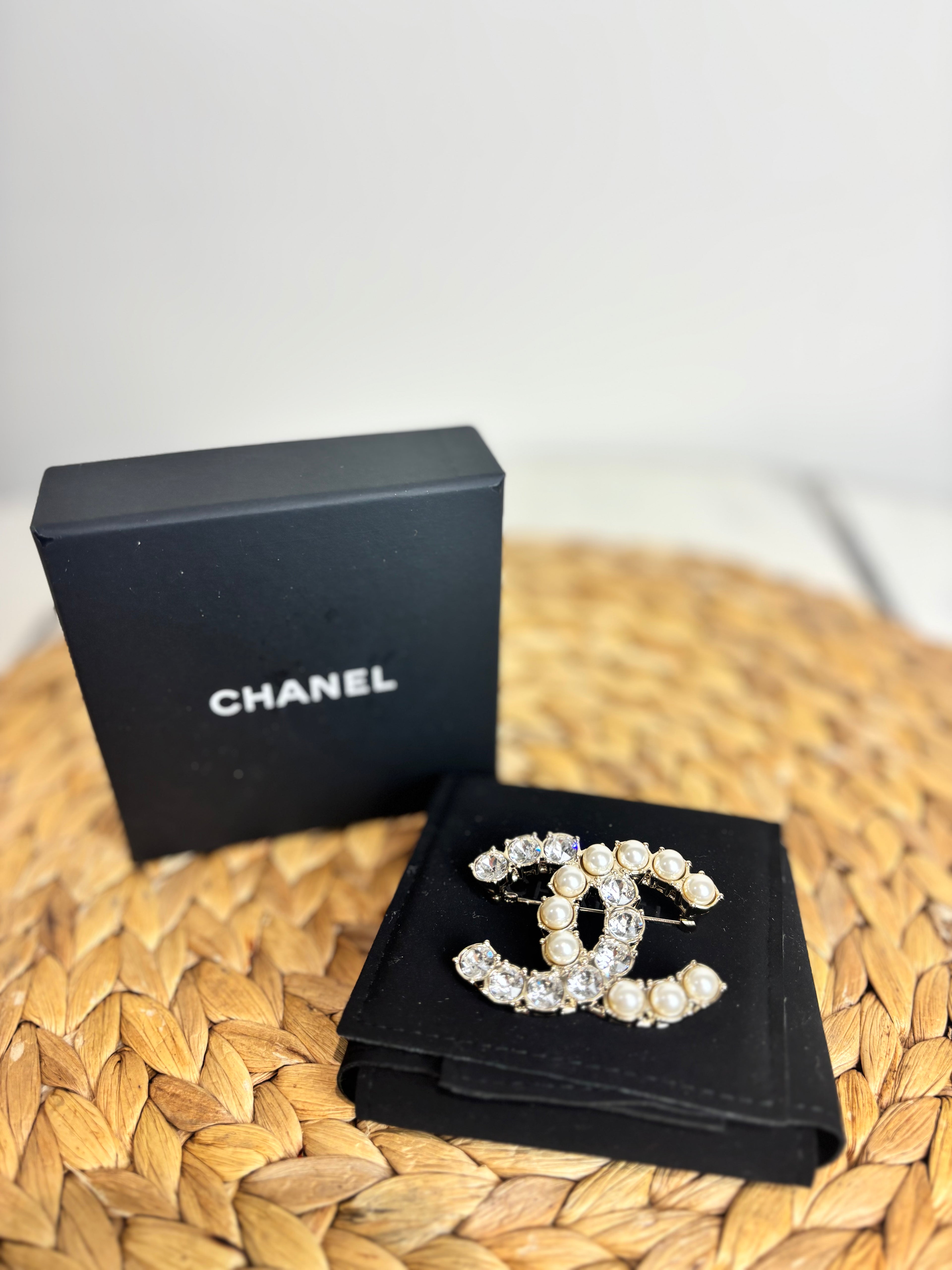 Chanel CC Large Crystal & Simulated Pearl Brooch