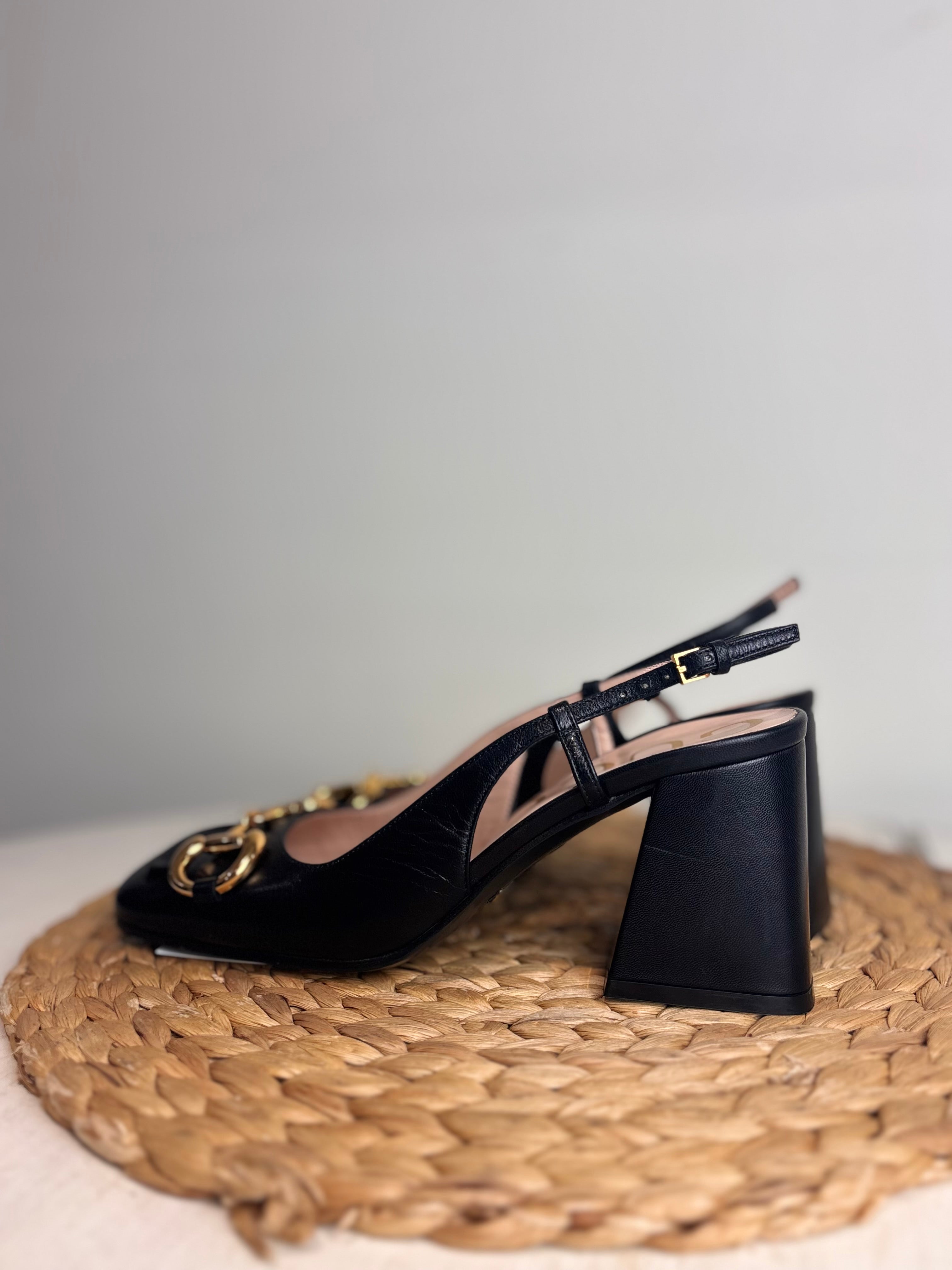 GUCCI Baby Horsebit Leather Slingback Pumps