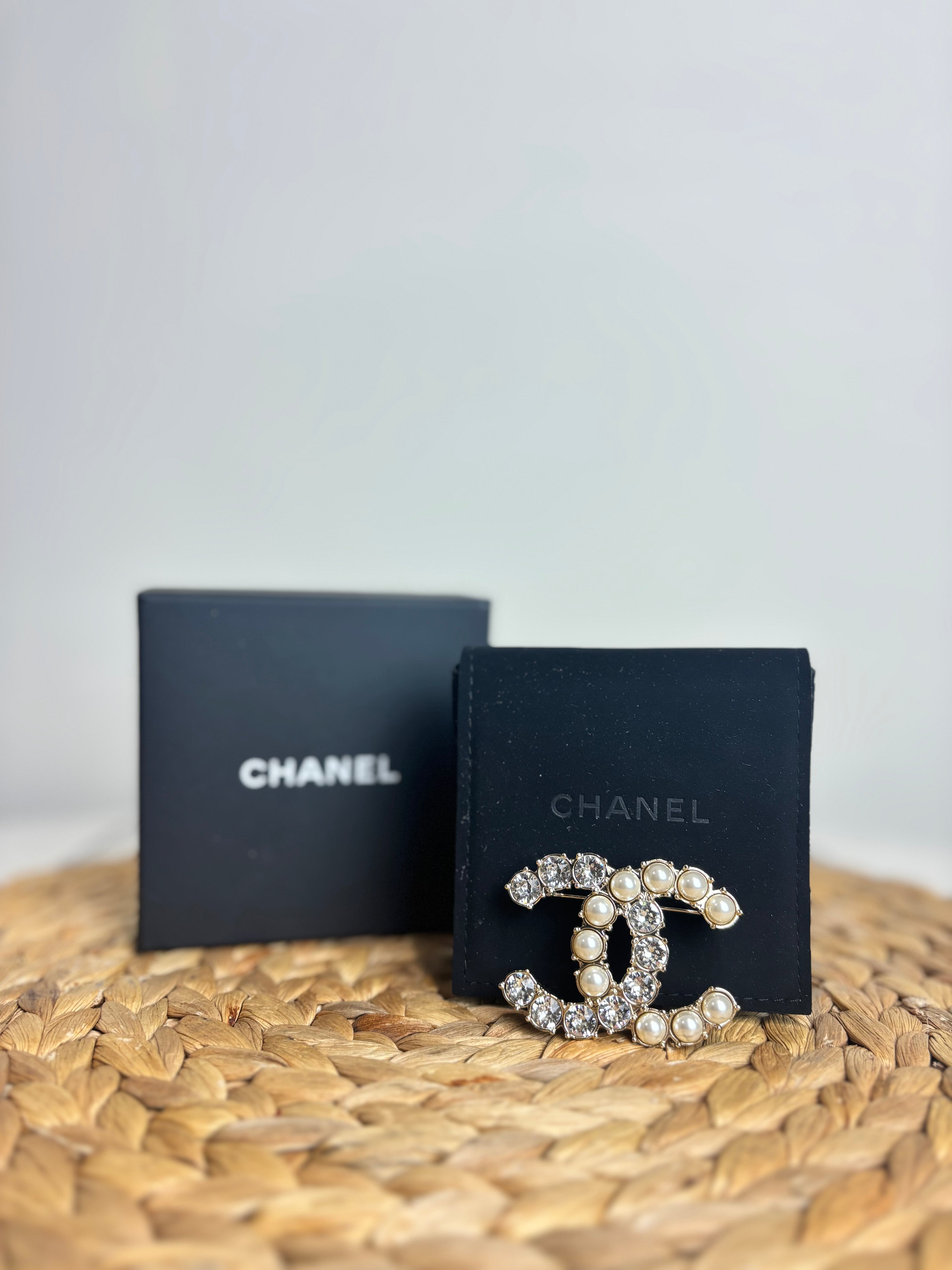 Chanel CC Large Crystal & Simulated Pearl Brooch