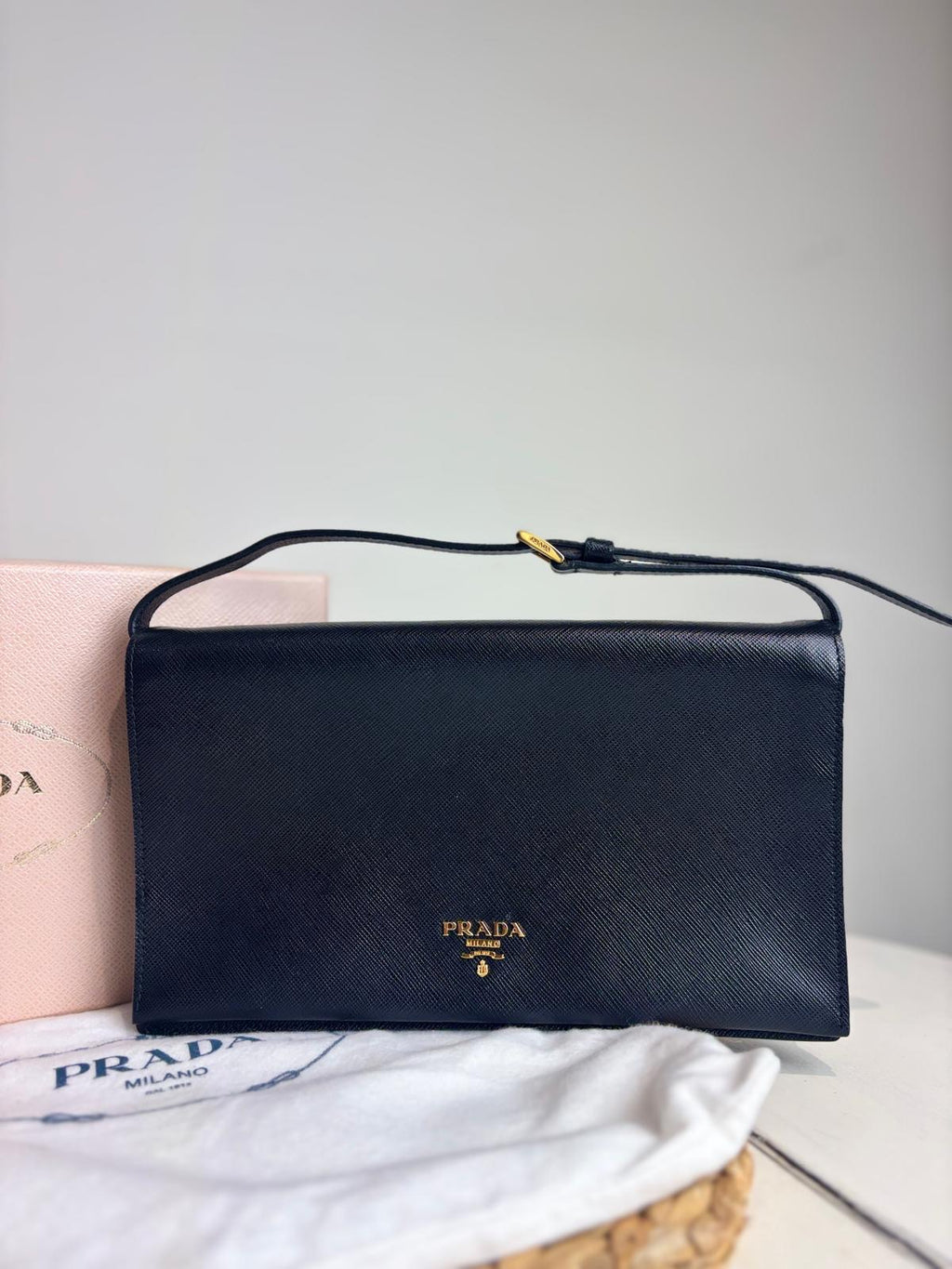 Prada Black Saffiano Leather Pouchette