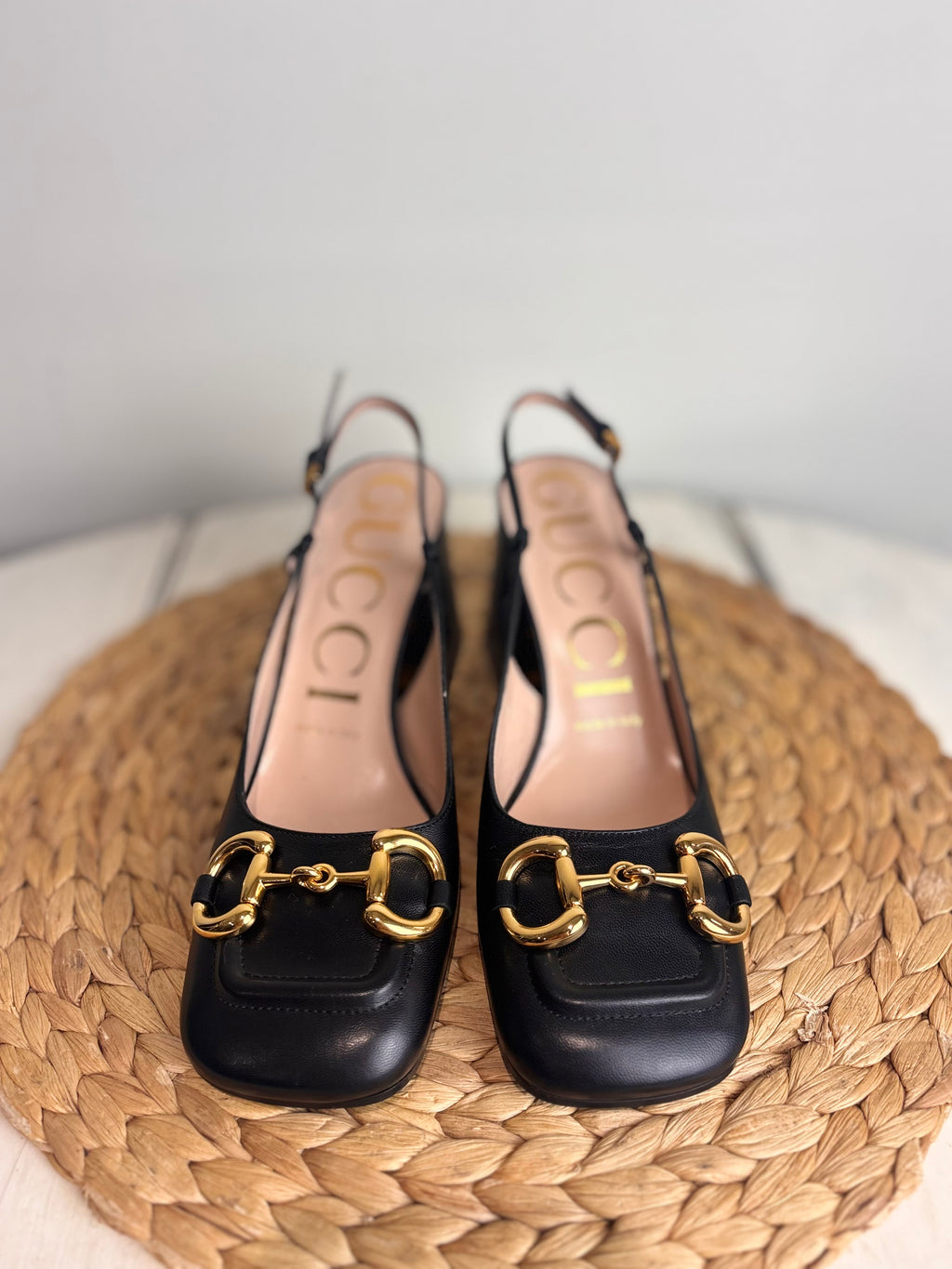 GUCCI Baby Horsebit Leather Slingback Pumps