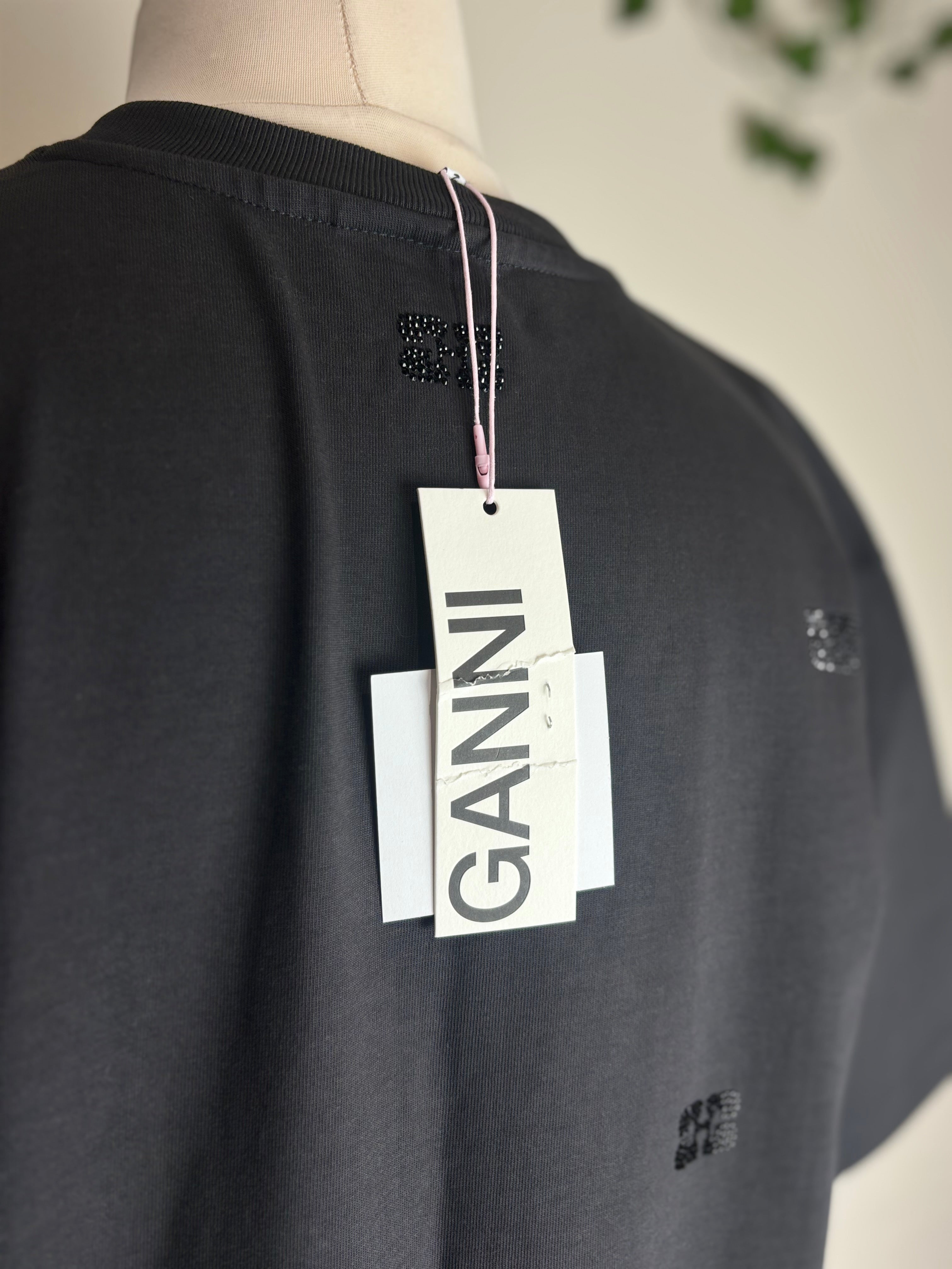 GANNI Phantom Black Logo Embellished Tee