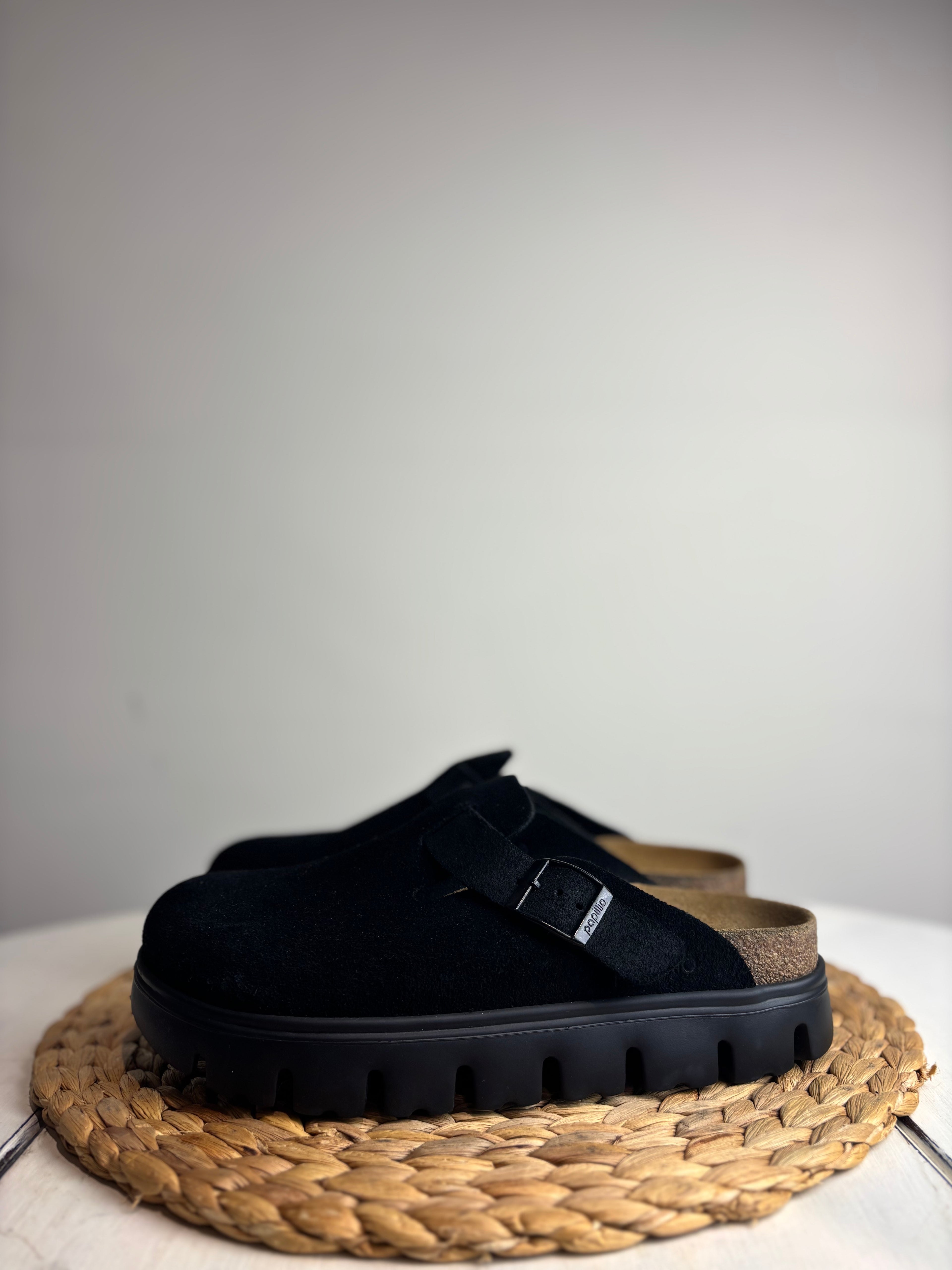 Birkenstock Papilo Boston Black Suede Clogs