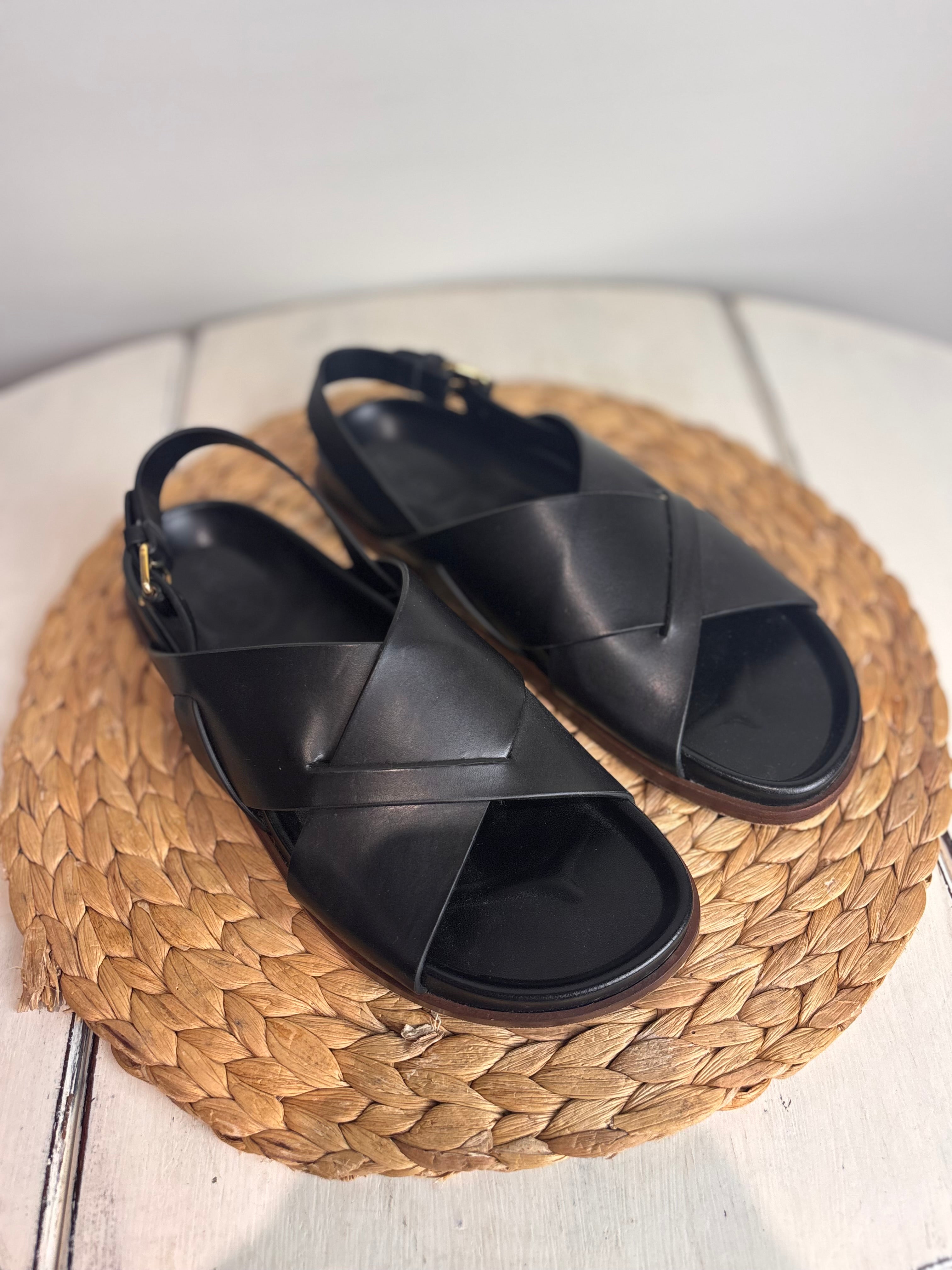 ME+EM Deep Sole Black Leather Crossover Sandals
