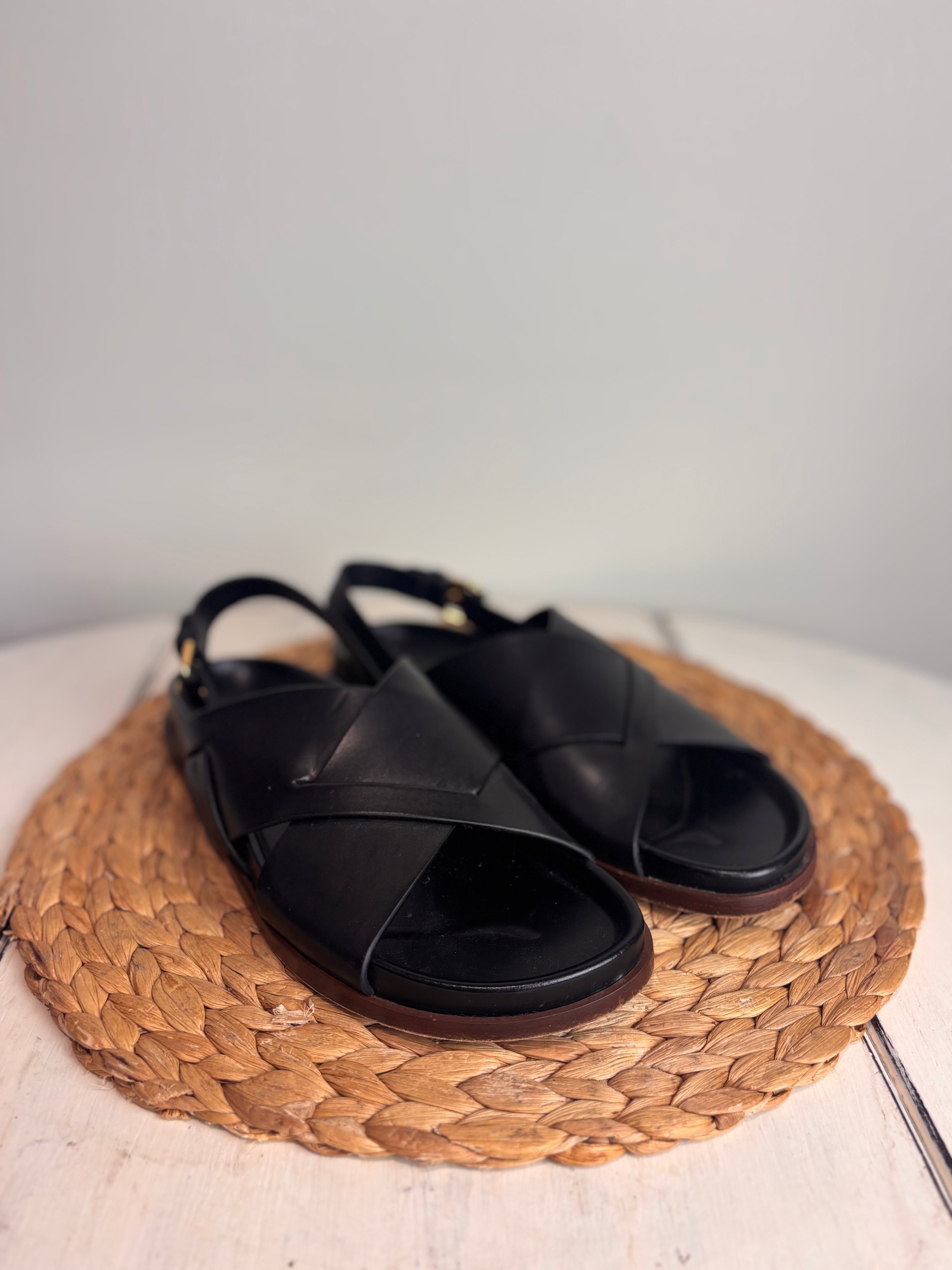 ME+EM Deep Sole Black Leather Crossover Sandals