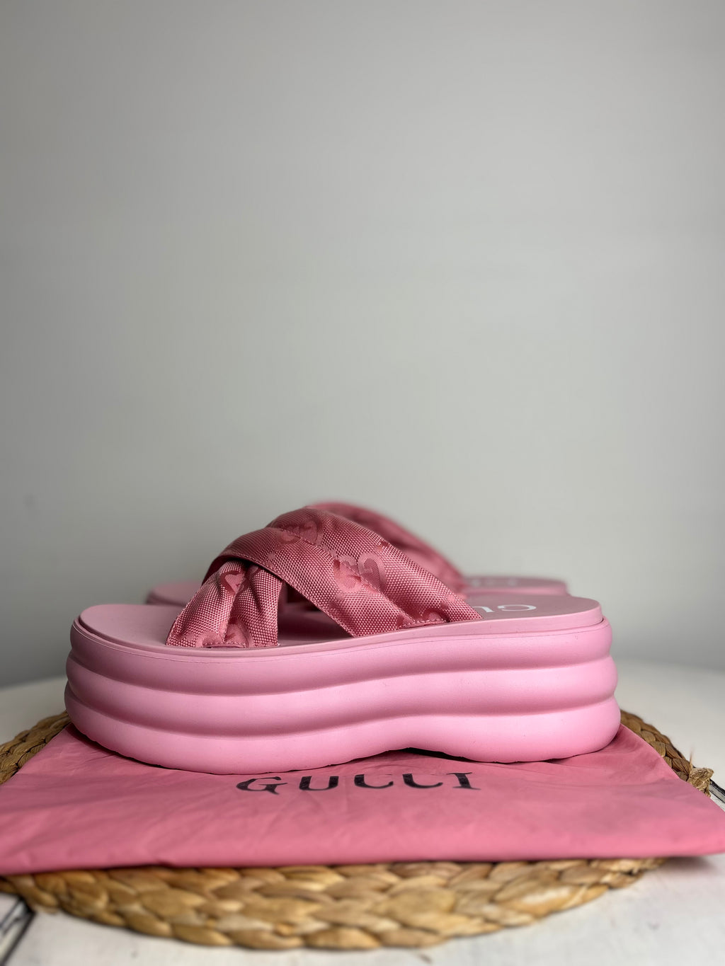 Gucci GG Jacquard Platform Pink Sliders