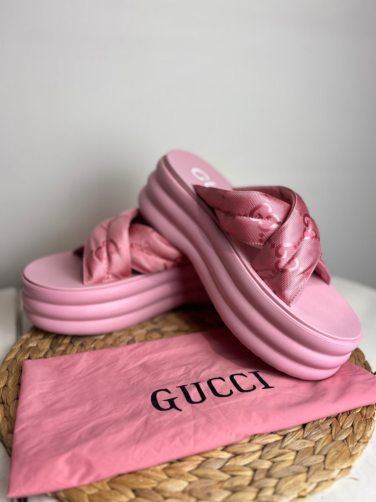 Gucci GG Jacquard Platform Pink Sliders