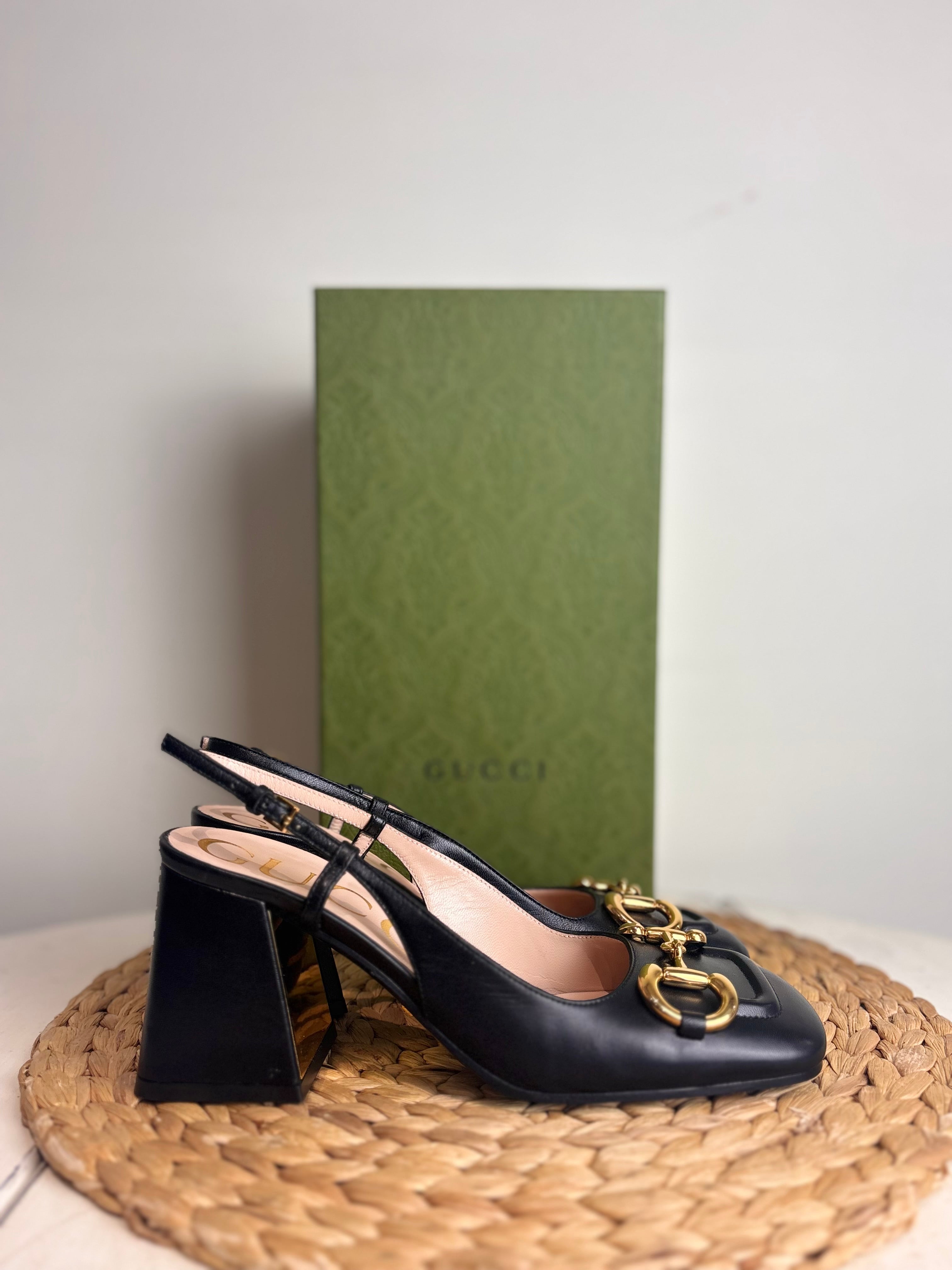 GUCCI Baby Horsebit Leather Slingback Pumps