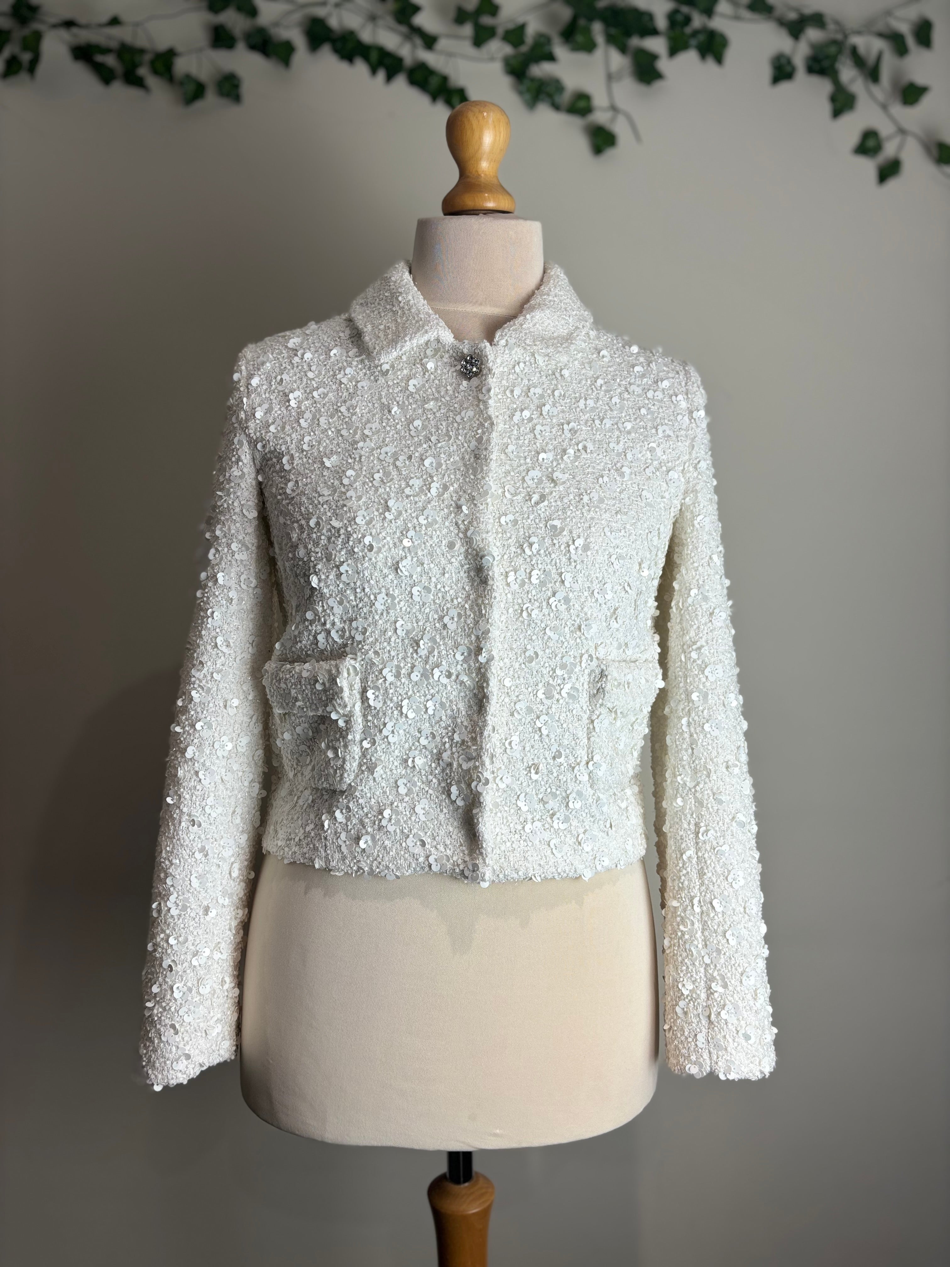 Zara White Sequin Cropped Jacket
