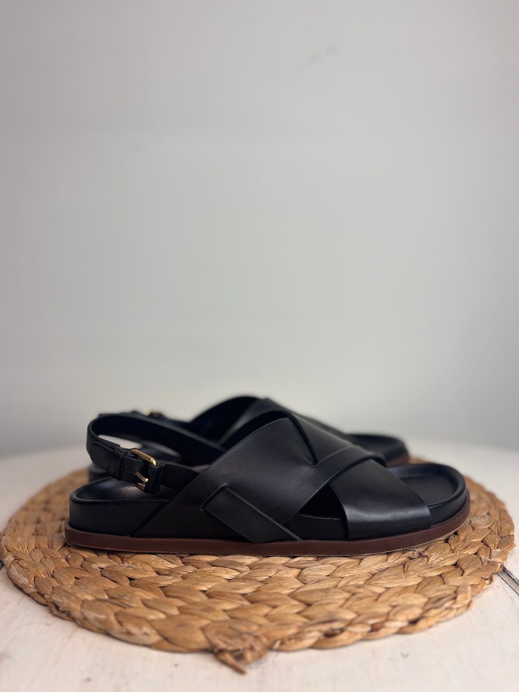 ME+EM Deep Sole Black Leather Crossover Sandals