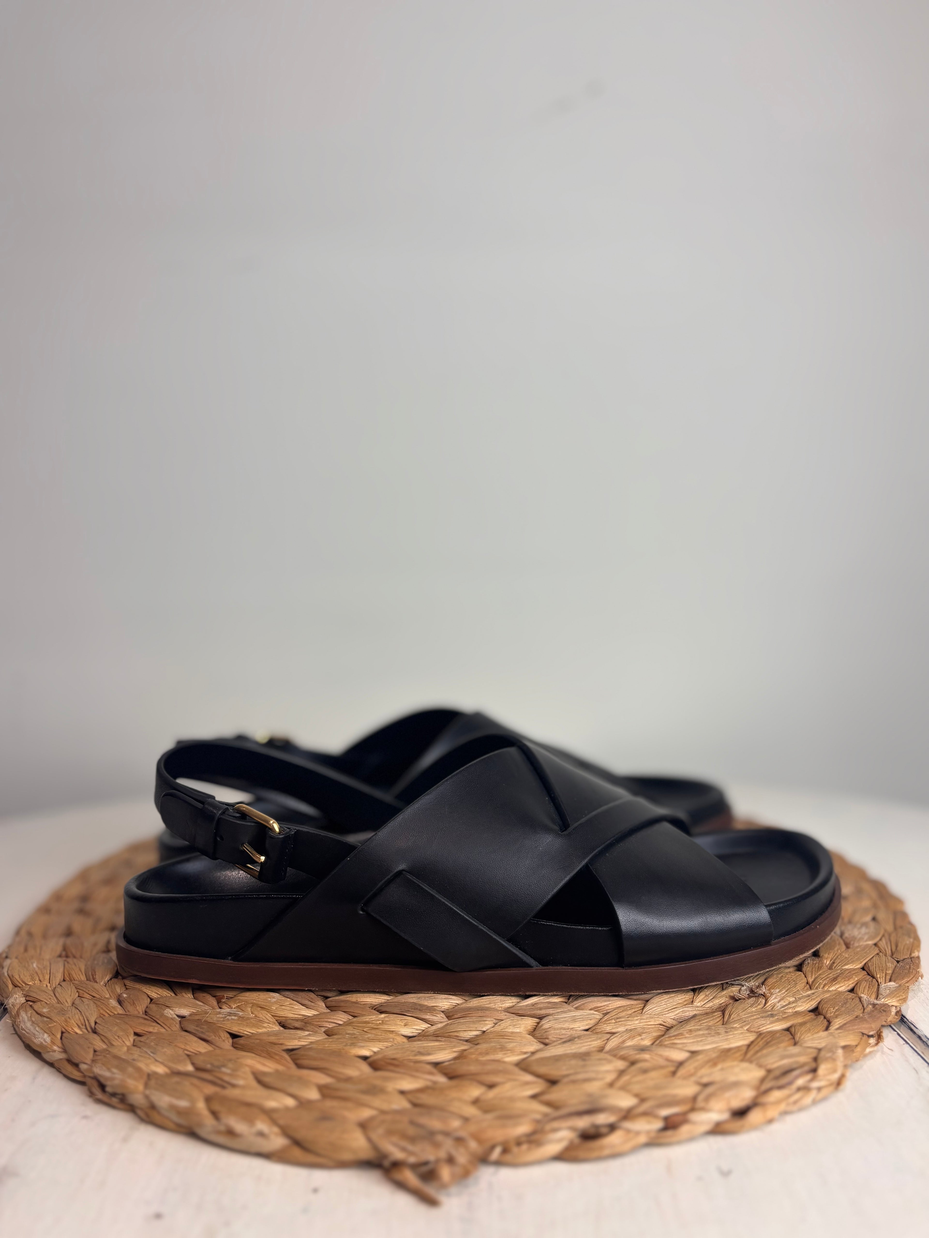ME+EM Deep Sole Black Leather Crossover Sandals