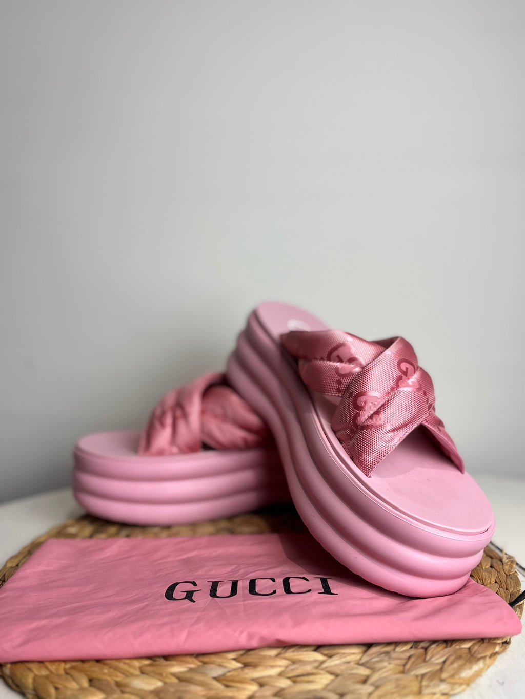 Gucci GG Jacquard Platform Pink Sliders