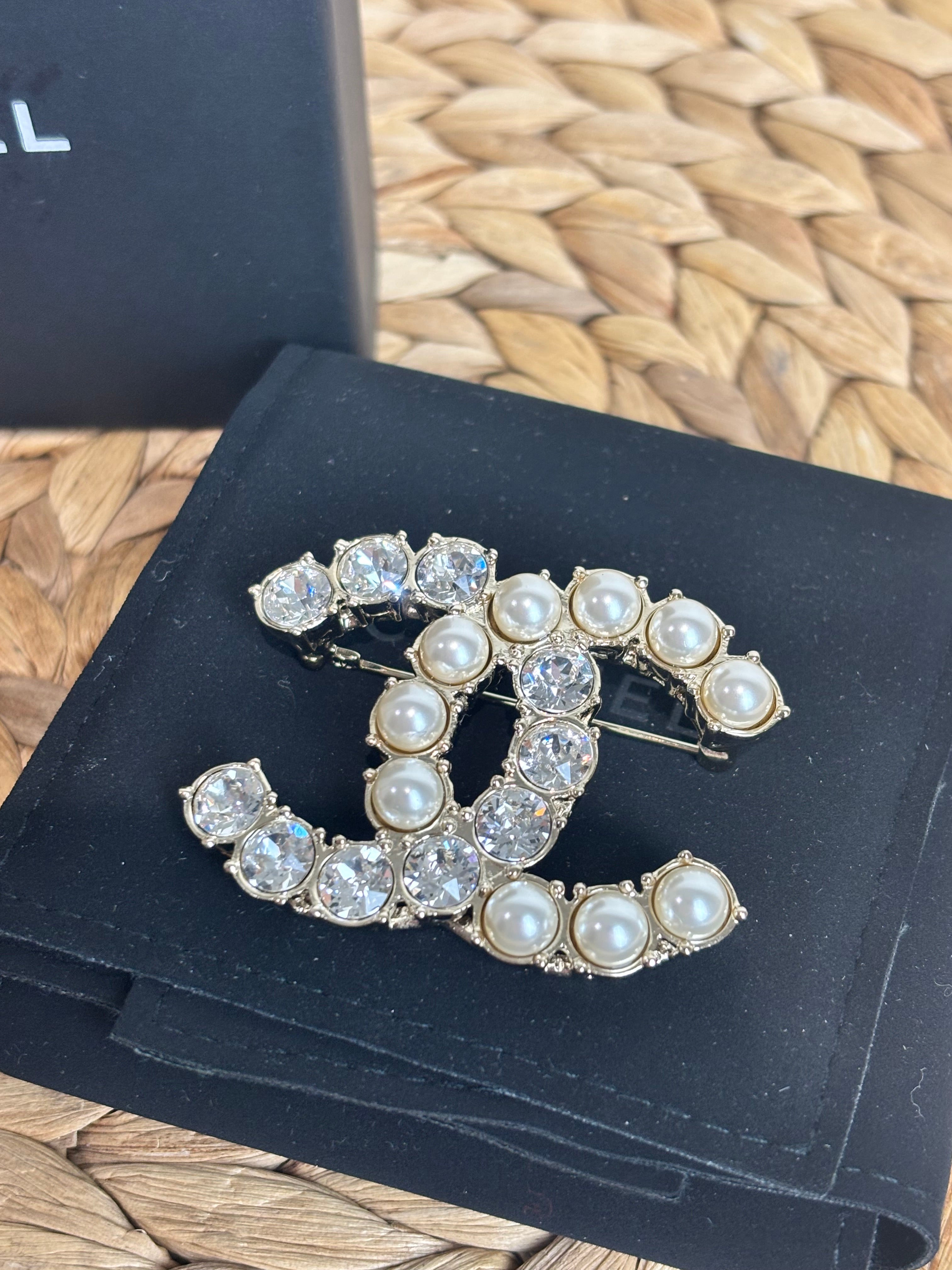 Chanel CC Large Crystal & Simulated Pearl Brooch