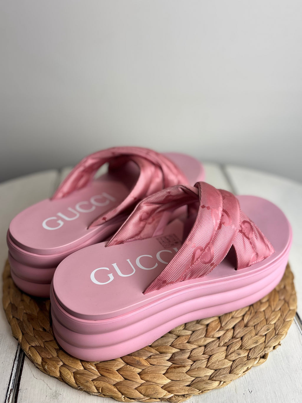 Gucci GG Jacquard Platform Pink Sliders