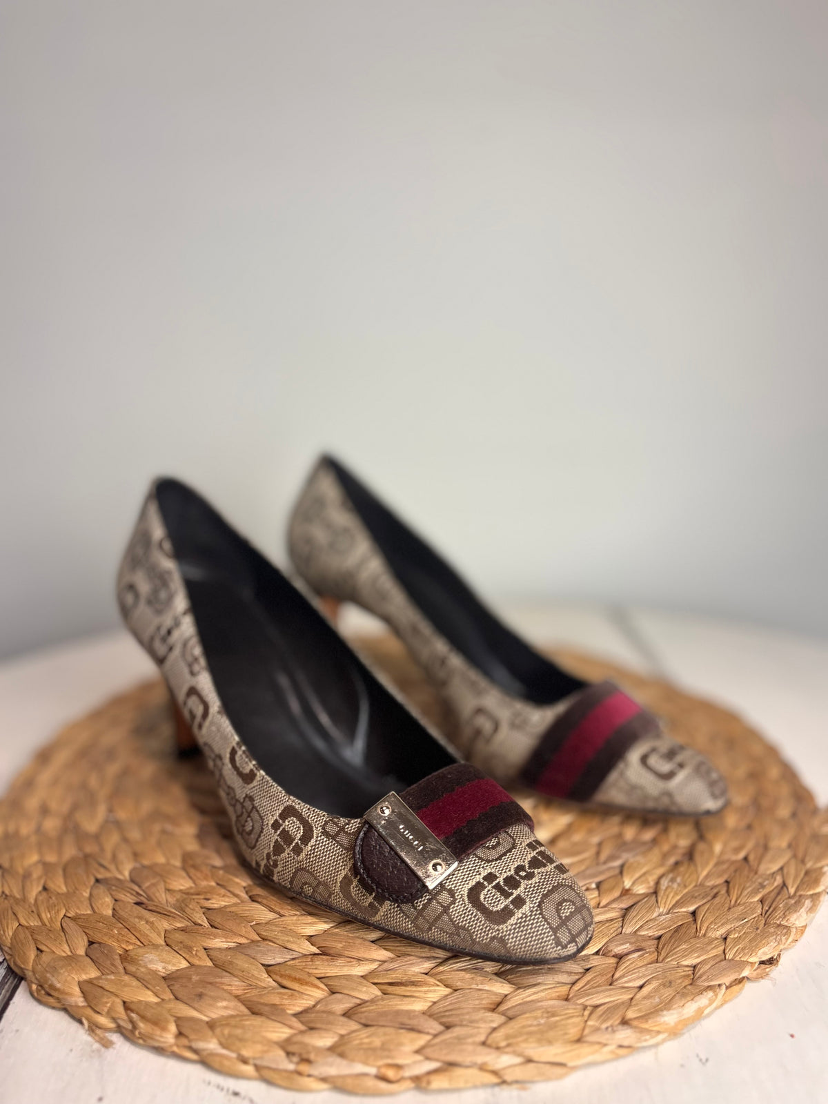 GUCCI GG Monogram Horsebit Velvet Heels