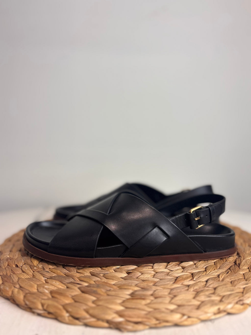 ME+EM Deep Sole Black Leather Crossover Sandals
