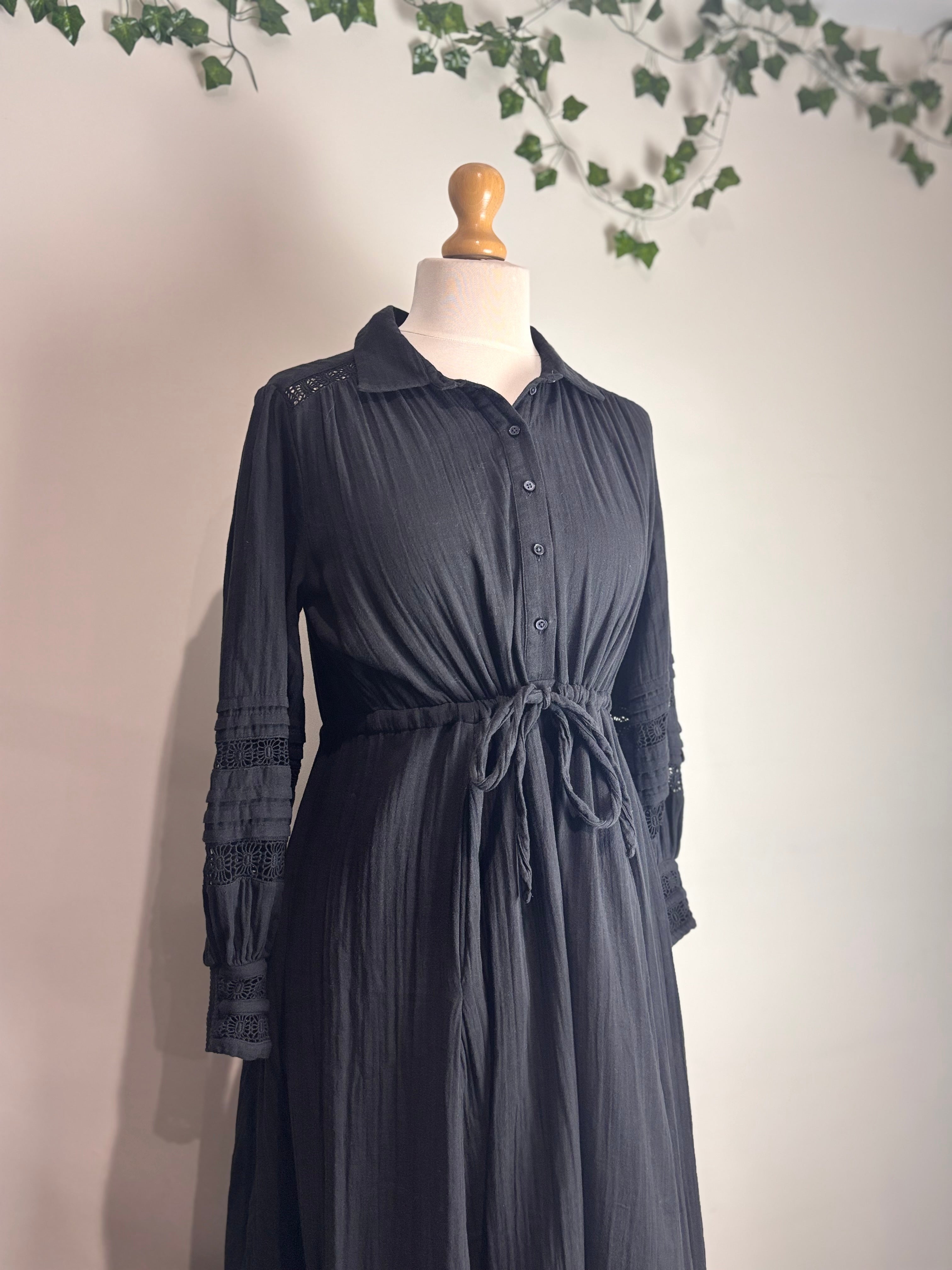 ME+EM Black Cheesecloth Drawstring Maxi Dress
