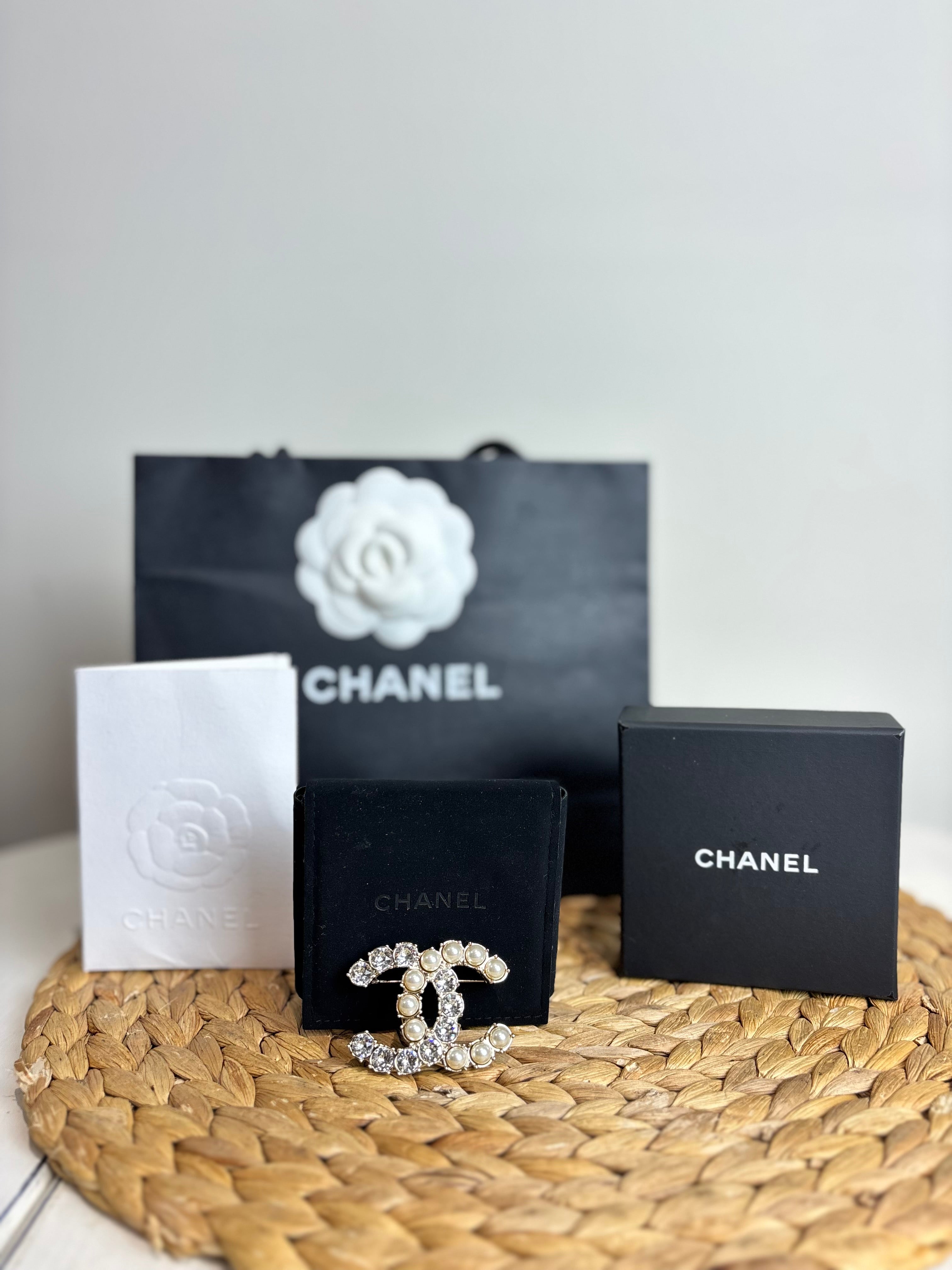 Chanel CC Large Crystal & Simulated Pearl Brooch