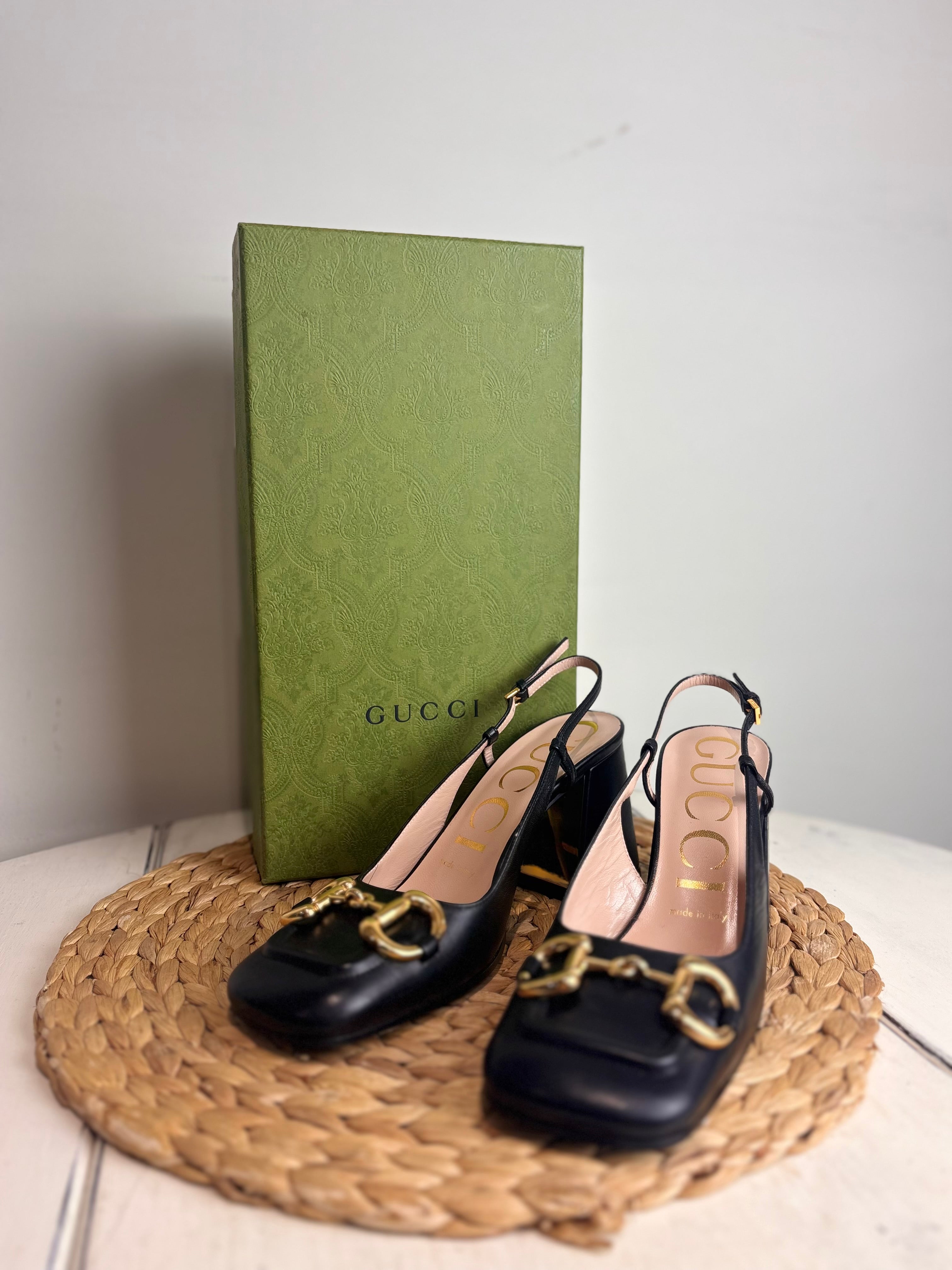 GUCCI Baby Horsebit Leather Slingback Pumps