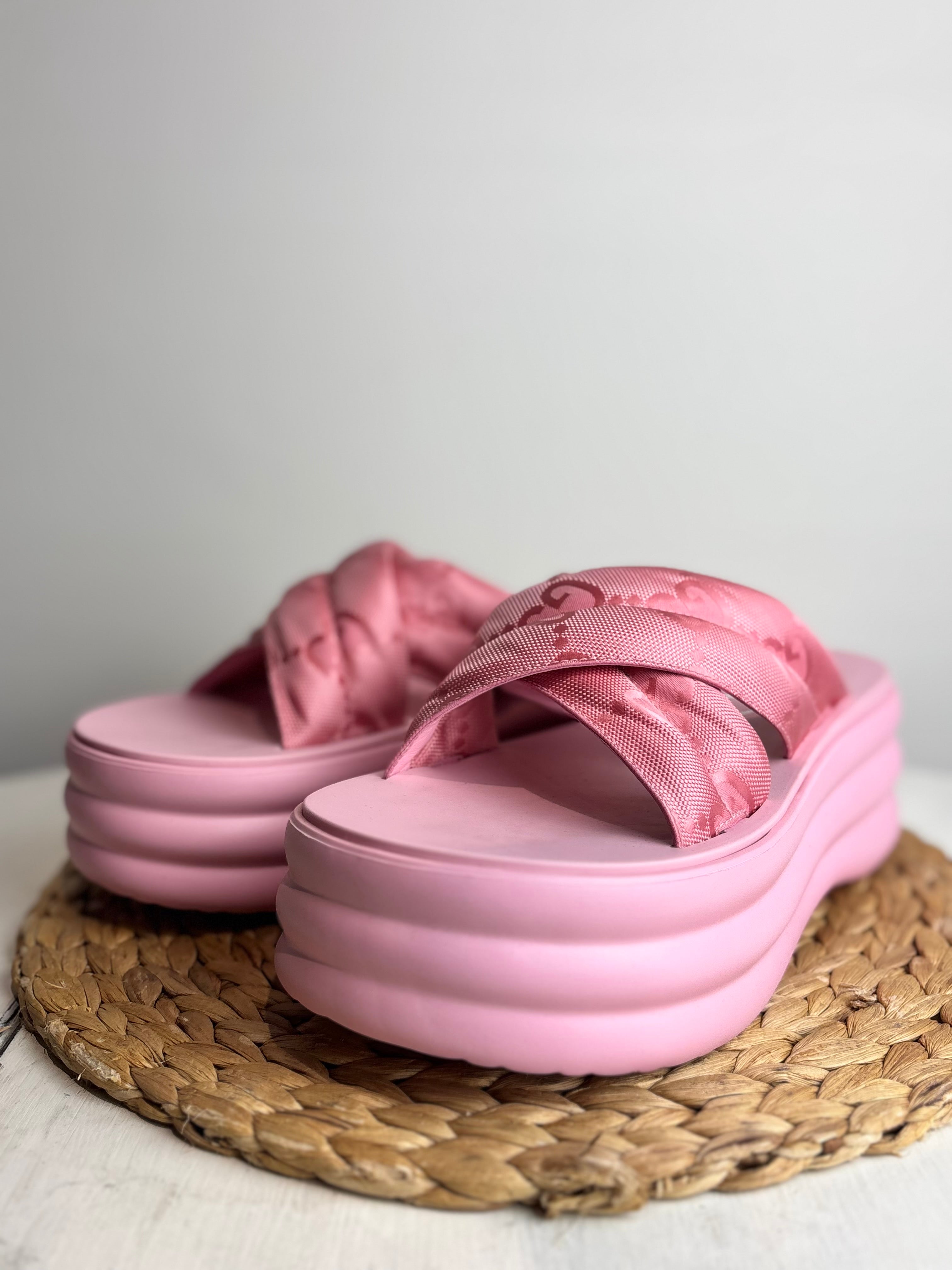 Gucci GG Jacquard Platform Pink Sliders